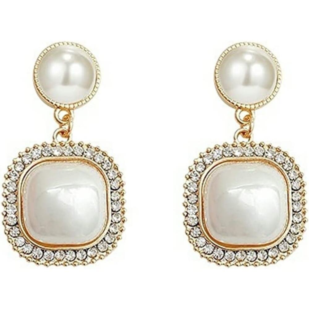 Pearl Clip On Earrings for Women Gold Plated Square Drop Dangle Wedding Jewelry